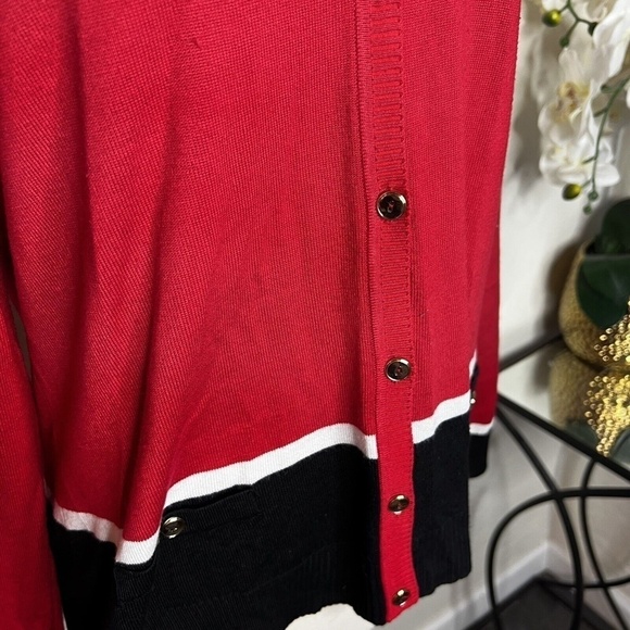Karen Scott red, black & white cardigan sweater M - Picture 2 of 7
